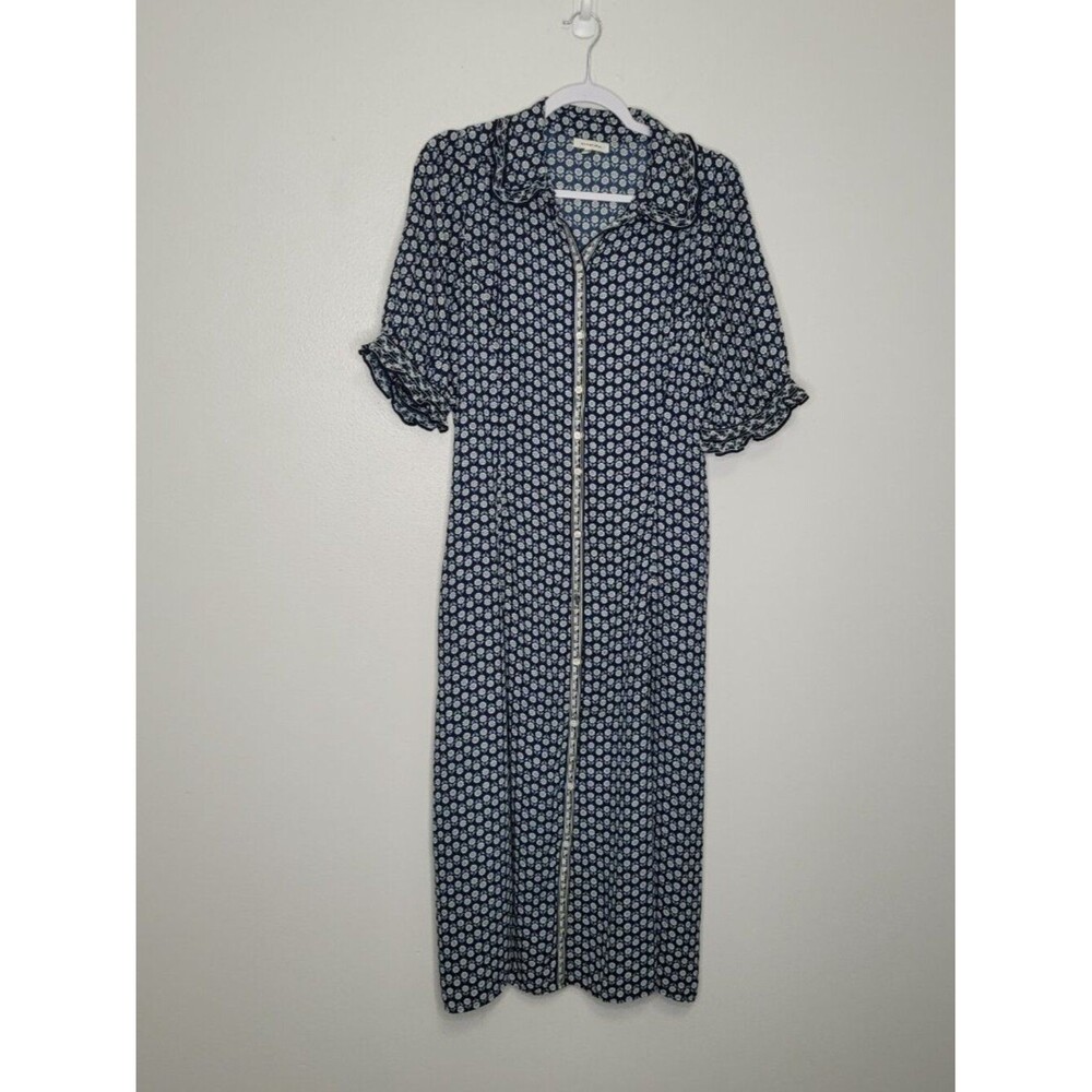 Max Studio navy blue white all over flower print button front long cute dress L - Picture 2 of 8